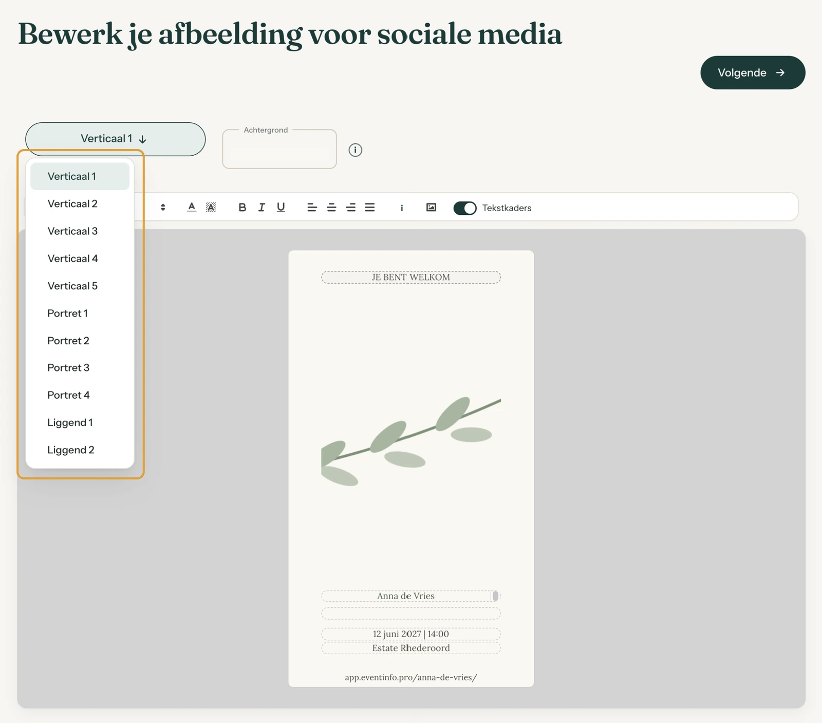 De pagina Bewerk afbeeldingen met de afbeeldingen voor social media