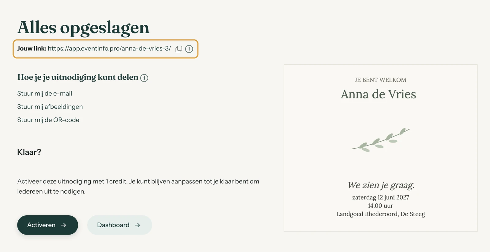 Het scherm Alles opgeslagen met de link en de opties om e-mail, afbeeldingen en QR-code naar jezelf te sturen