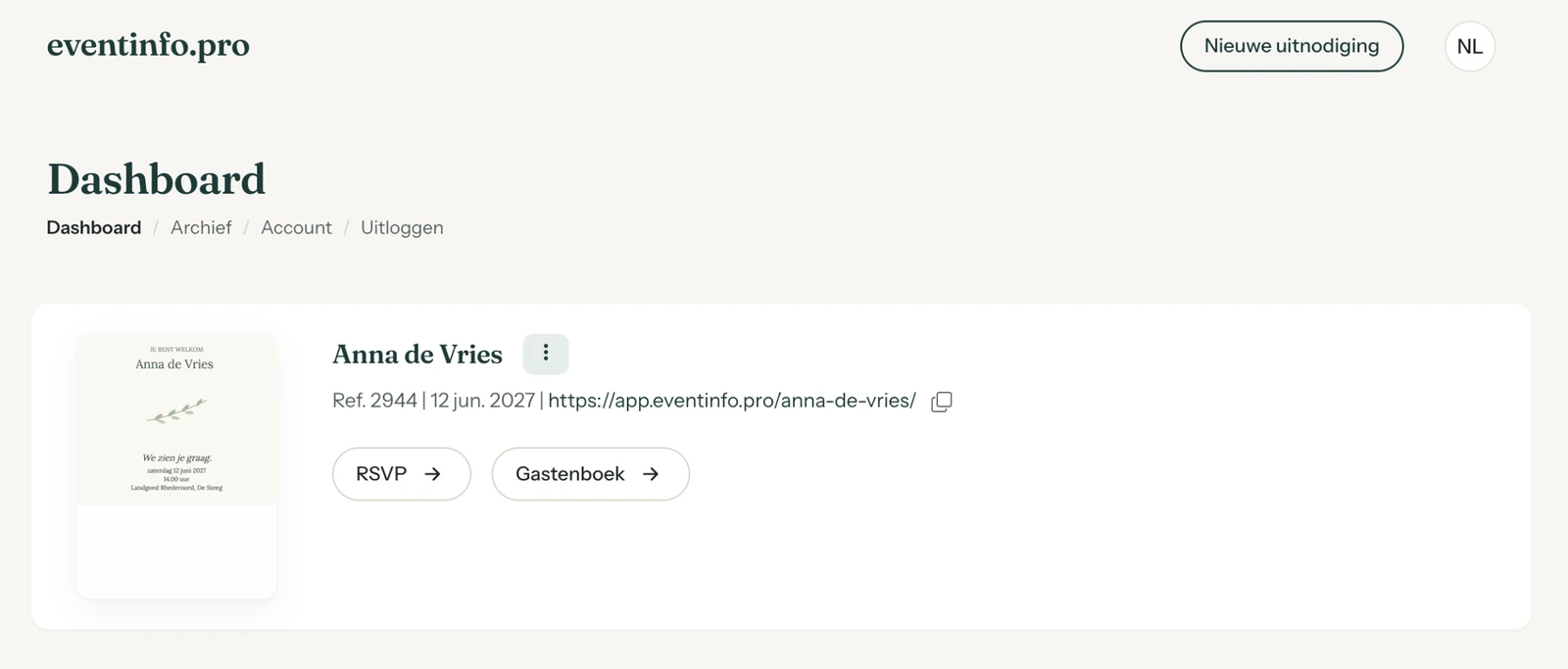 Het dashboard met een uitnodiging en de knoppen RSVP en Gastenboek