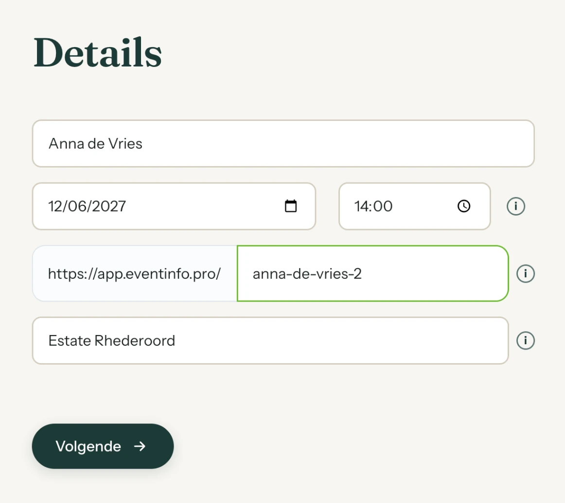 Het scherm Details met naam, datum, tijd, webadres en locatie ingevuld