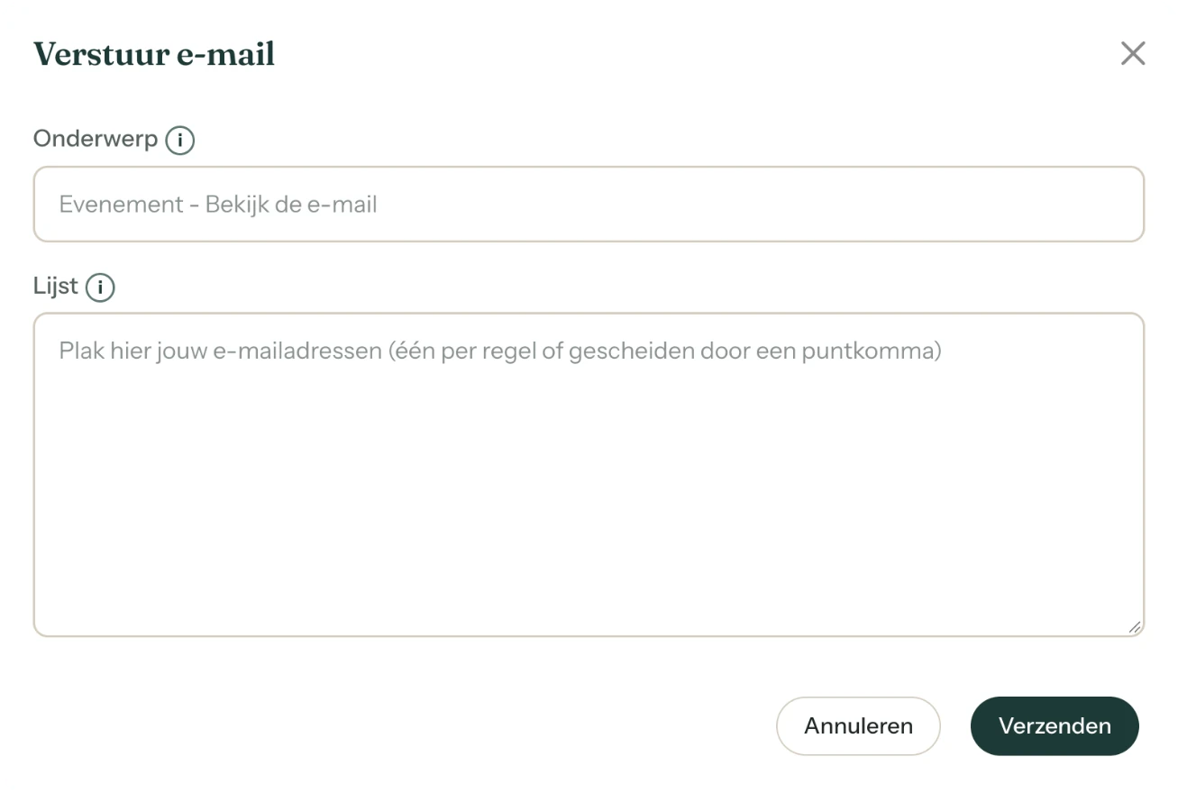 Het venster Verstuur e-mail met de velden Onderwerp en Lijst