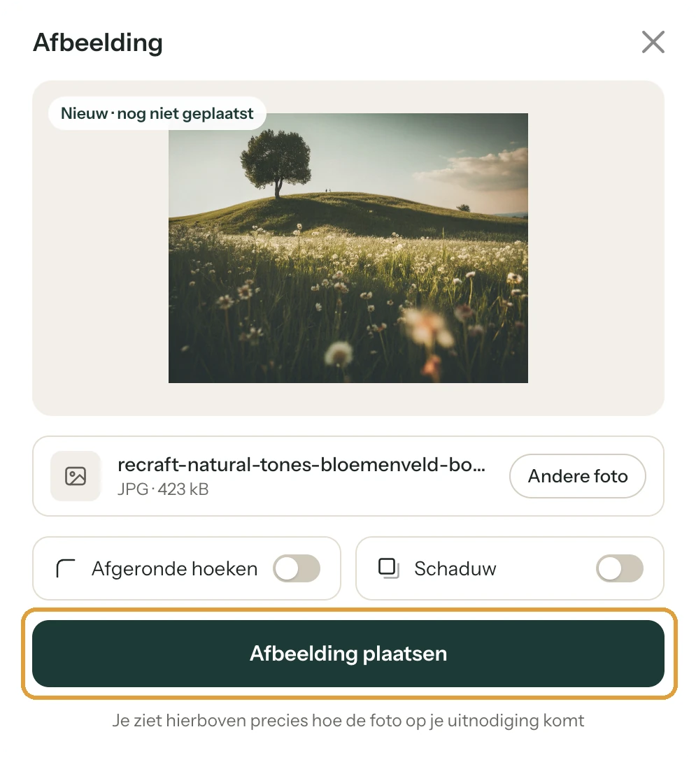 Het venster Afbeelding met een nieuwe foto, het label Nieuw nog niet geplaatst en de knop Afbeelding plaatsen