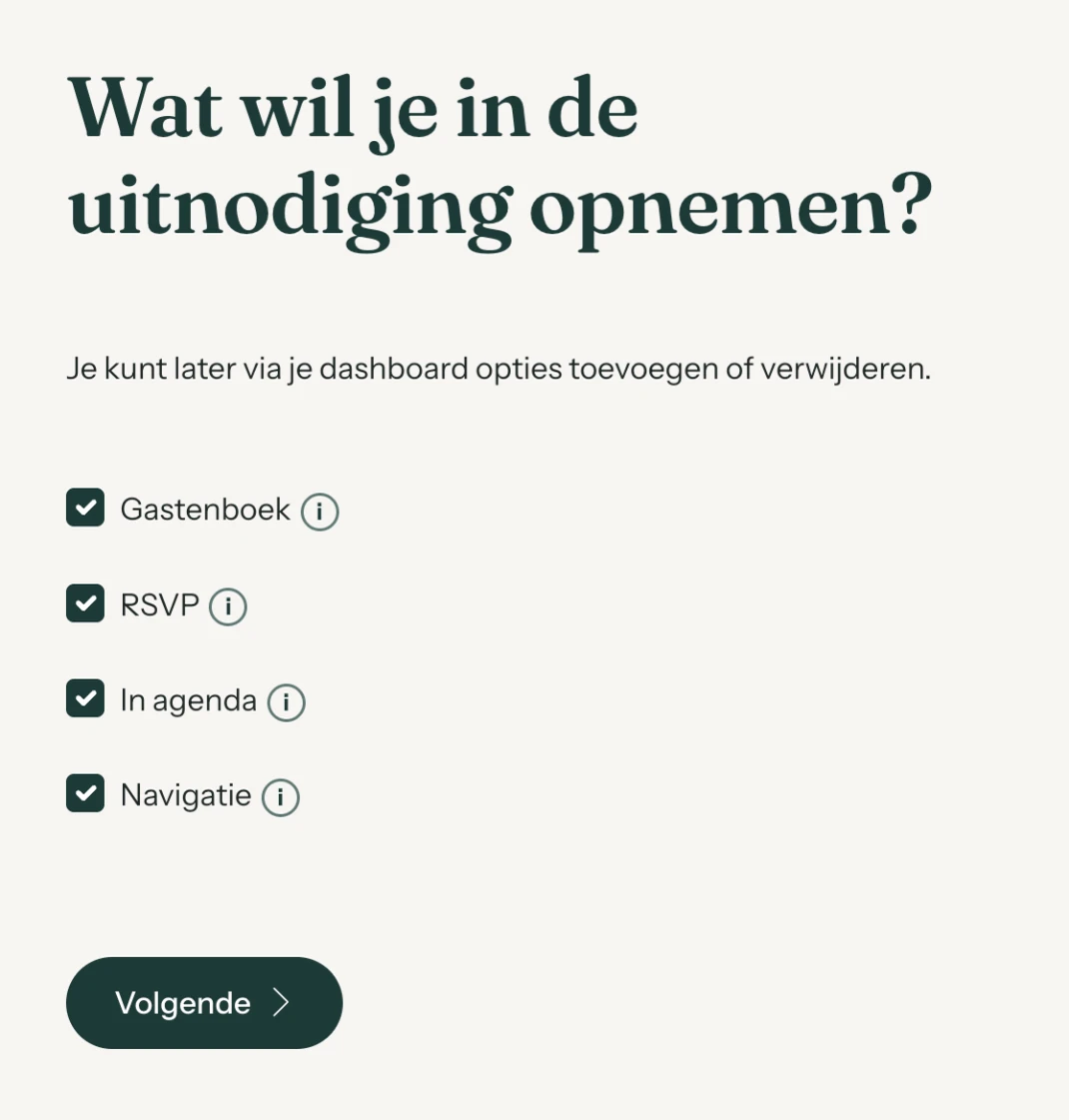 Het scherm Wat wil je in de uitnodiging opnemen met vier aangevinkte opties