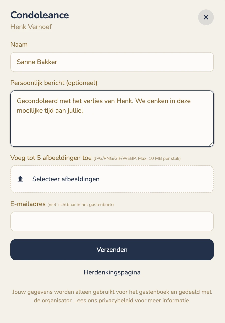 Het condoleanceregistervenster met Naam, bericht, de knop Selecteer afbeeldingen en het e-mailadres
