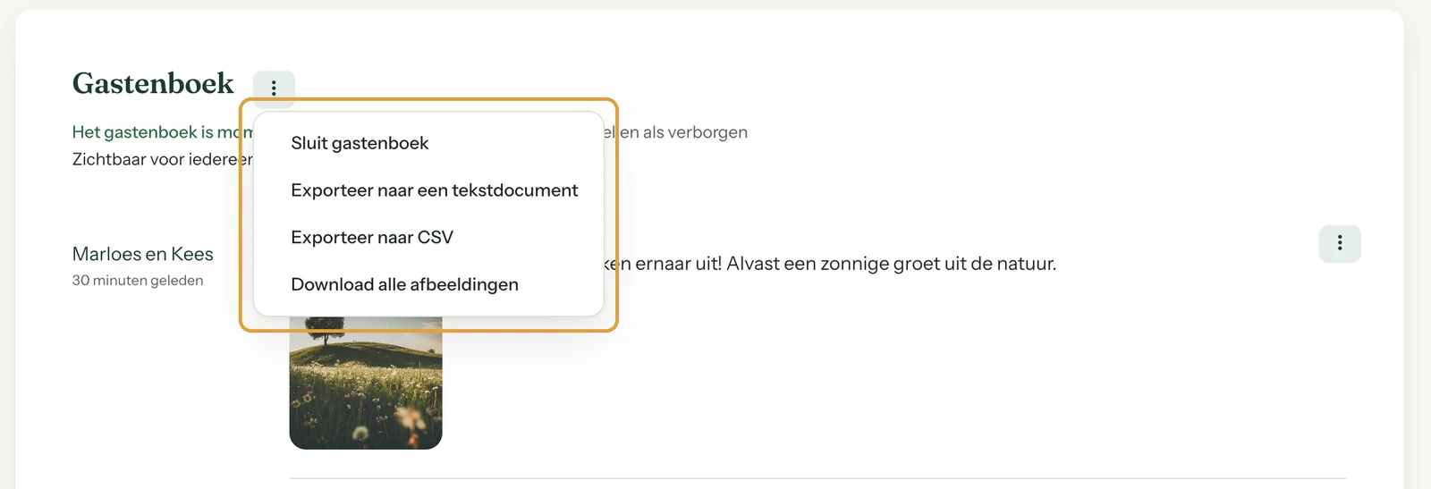 De condoleanceregisterpagina in het dashboard met onder de titel de huidige zichtbaarheid