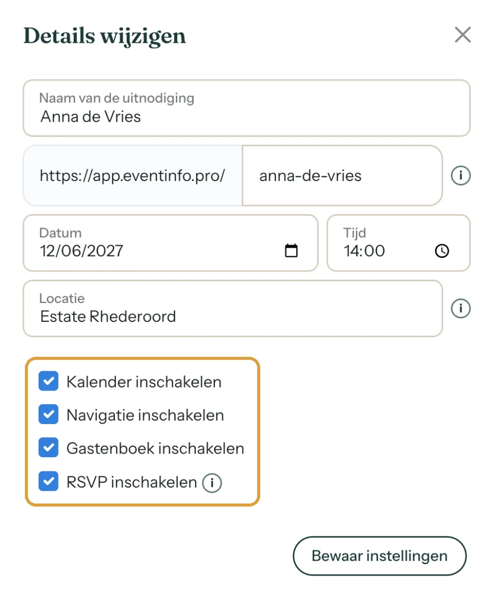 Het venster Details wijzigen met onder meer het vinkje RSVP inschakelen