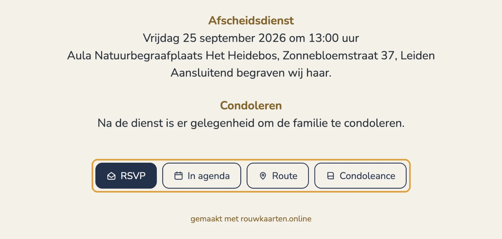 De knoppen RSVP, In agenda, Route en Gastenboek onderaan een uitnodiging
