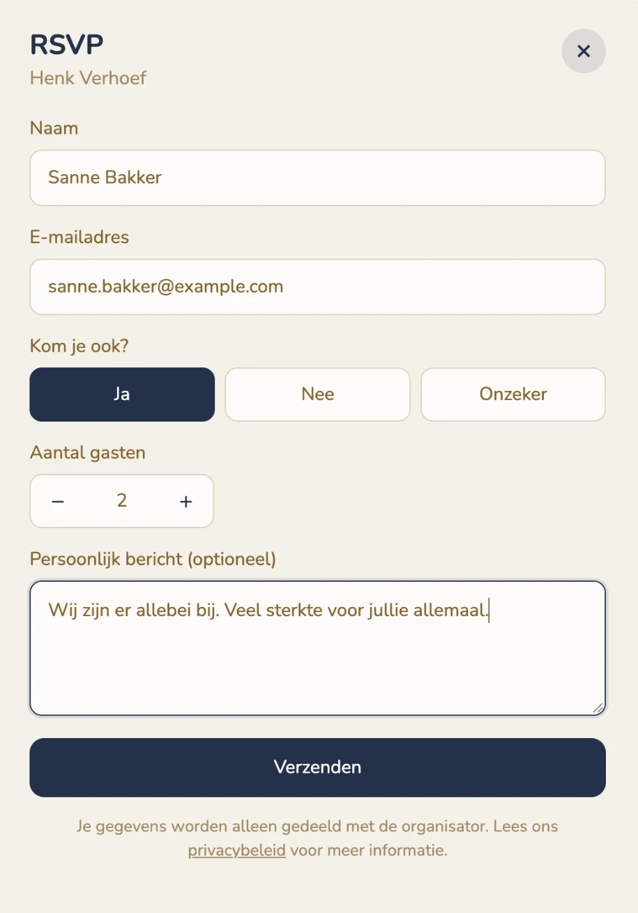 Het RSVP-venster met Naam, E-mailadres, de keuze Ja, Nee of Onzeker en een persoonlijk bericht