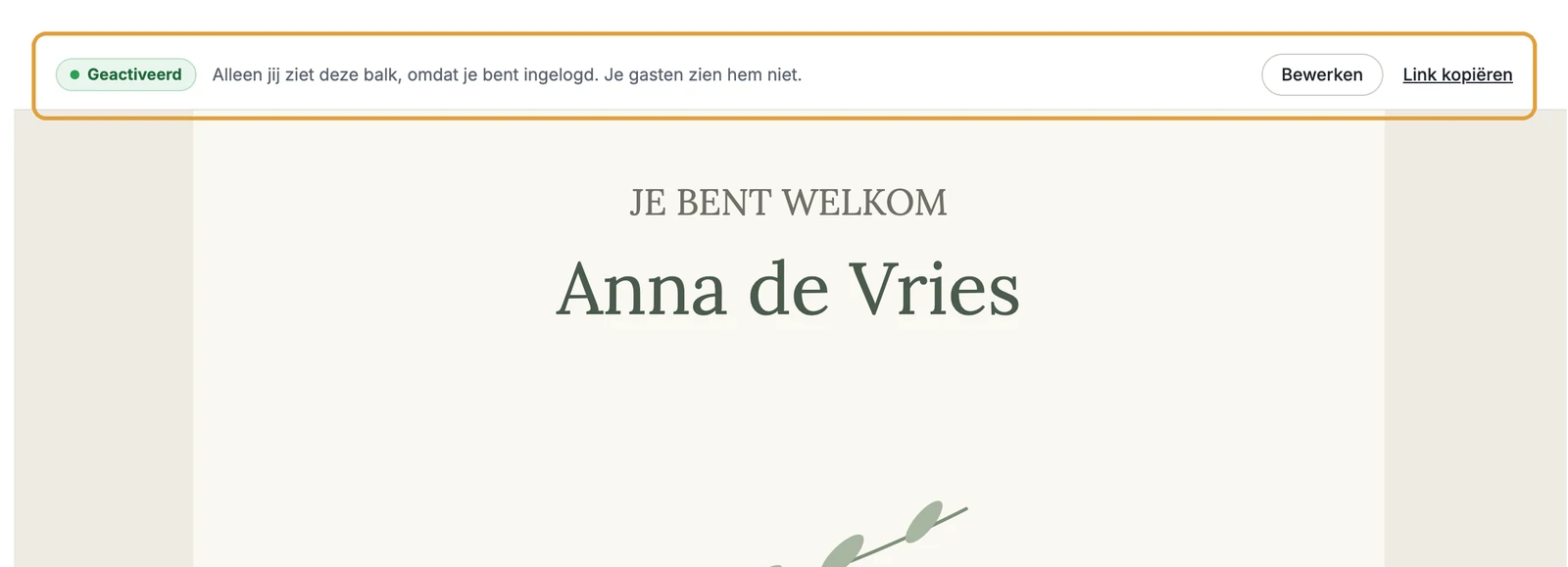 De balk Voorbeeld boven een uitnodiging met de knoppen Activeren, Bewerken en Link kopiëren