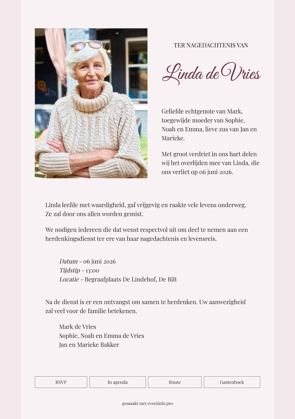Elegante mauve online rouwkaart met sierlijk schrift en zachte roze tinten