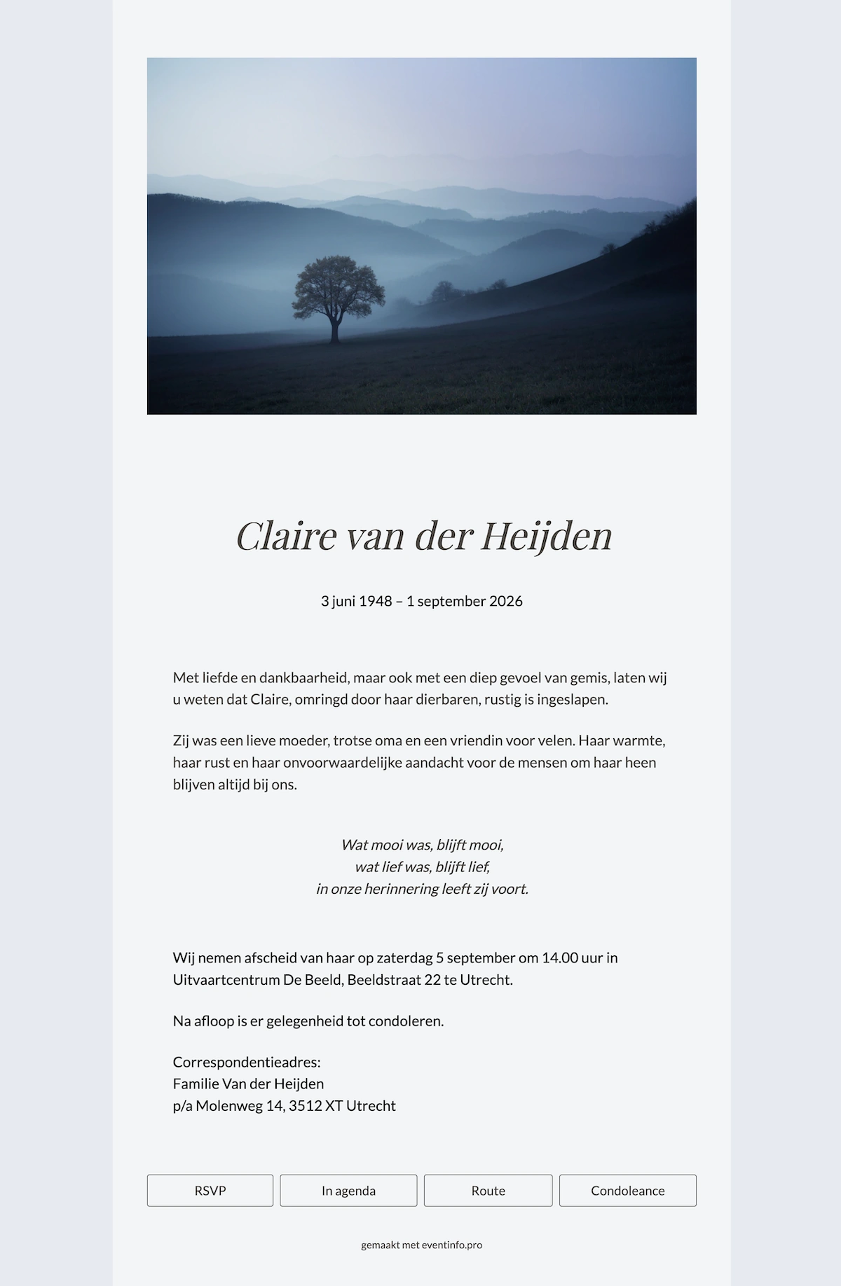 Zachtblauwe online rouwkaart in lichtgrijs &ndash; voorbeeld 1