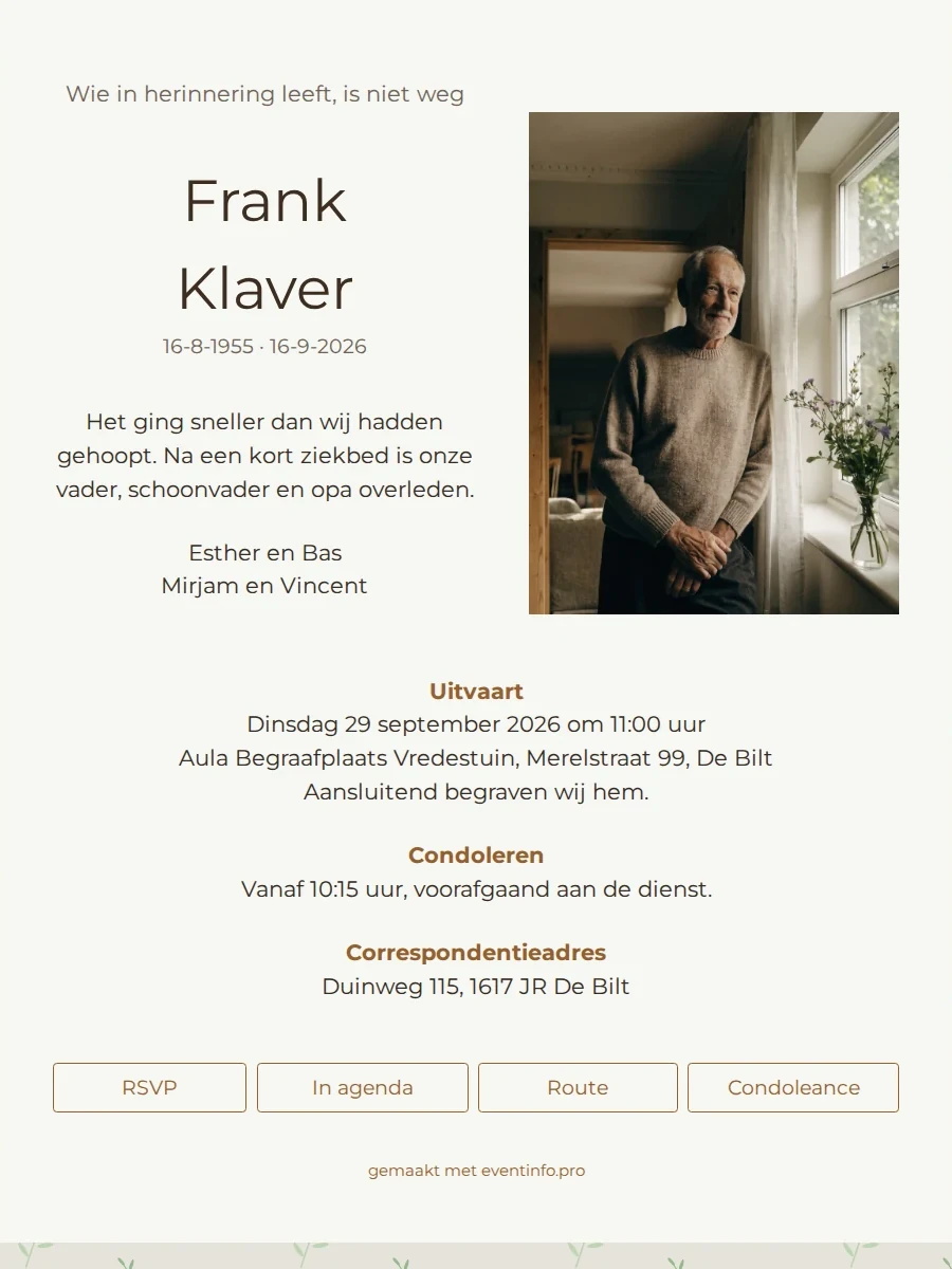 Voorbeeld van een rouwkaart met alle onderdelen
