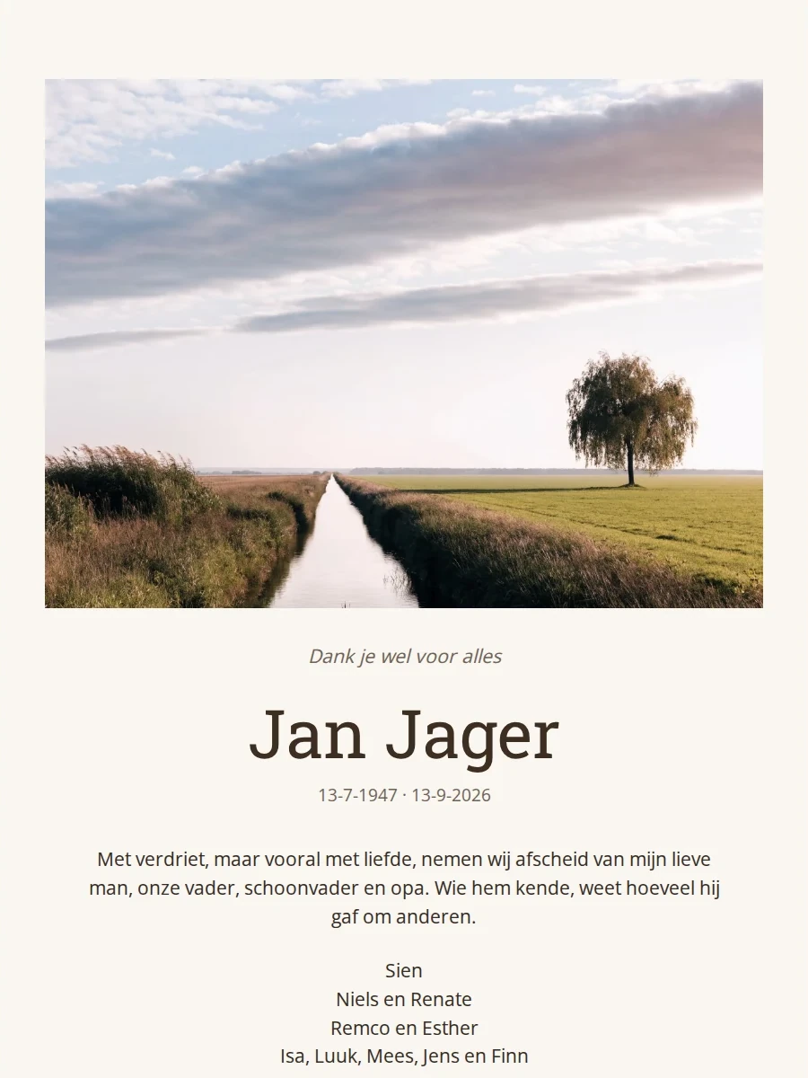 Zandkleurige online rouwkaart met polderlandschap