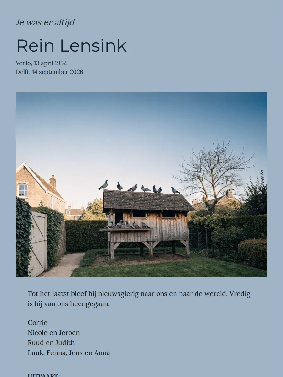 Staalblauwe linksuitgelijnde online rouwkaart