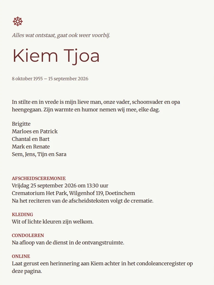 Boeddhistische online rouwkaart met dharmawiel