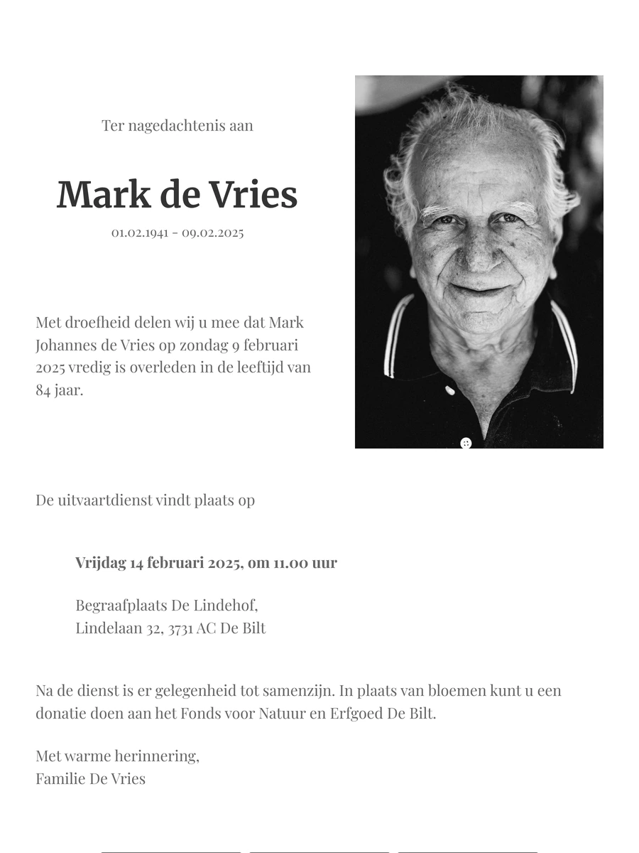 Zwart-wit rouwkaart met klassieke letters