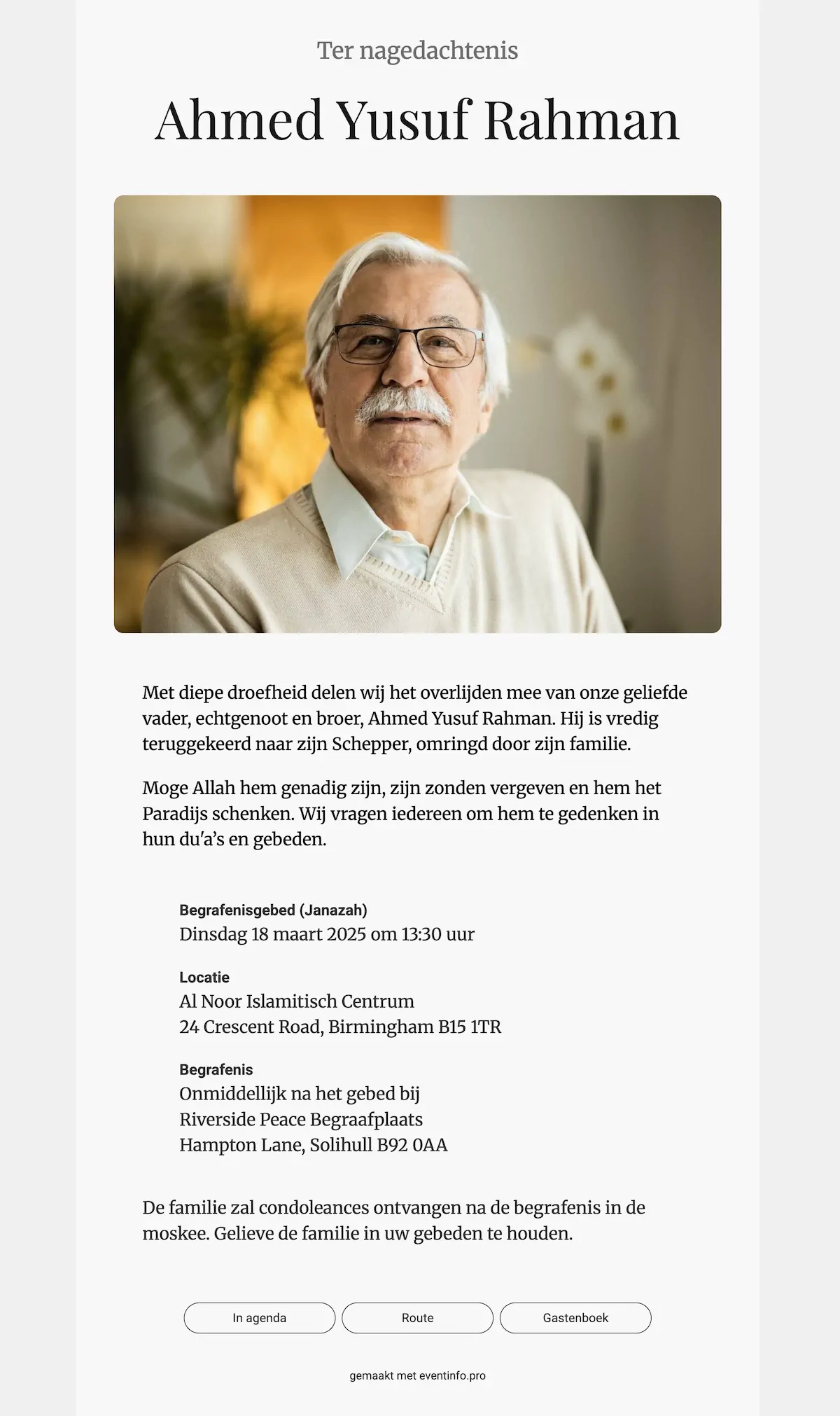 Islamitische online rouwkaart met ruimte voor gebeden bij een Janazah