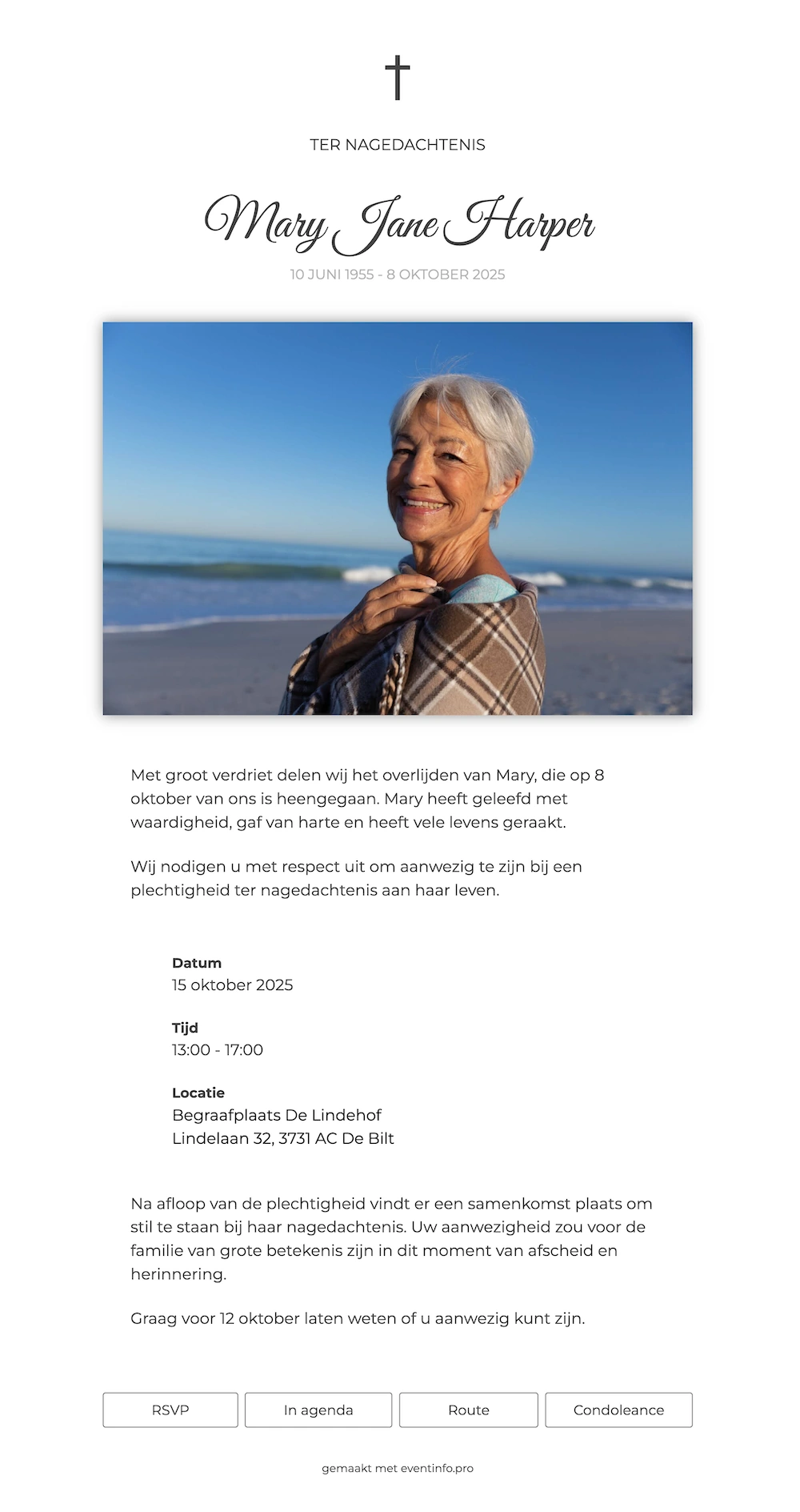 Elegante klassieke online rouwkaart met handgeschreven naam en heldere tekst
