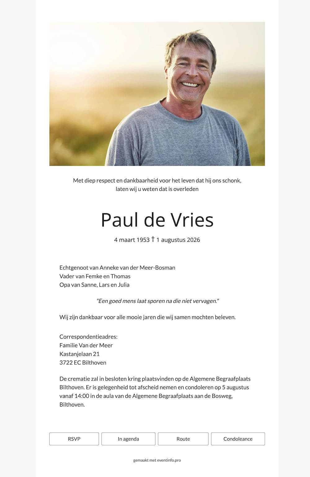 Online rouwkaart met een portretfoto boven de naam en een korte tekst