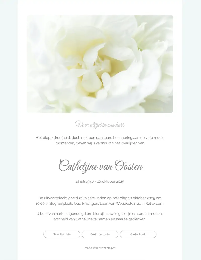 Lichte online rouwkaart met bloemmotief en portretfoto