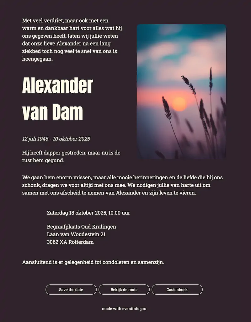 Moderne online rouwkaart in donkerpaars met portretfoto