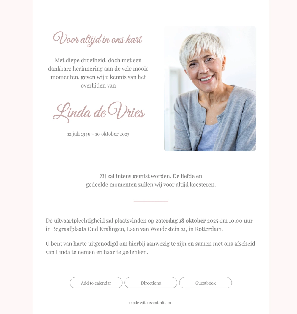 Elegante online rouwkaart met pasteltinten en portretfoto