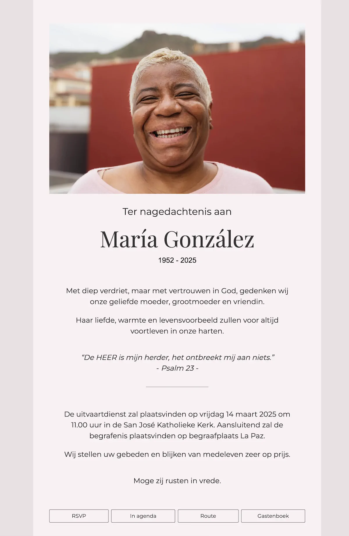 Warme roze online rouwkaart met portretfoto