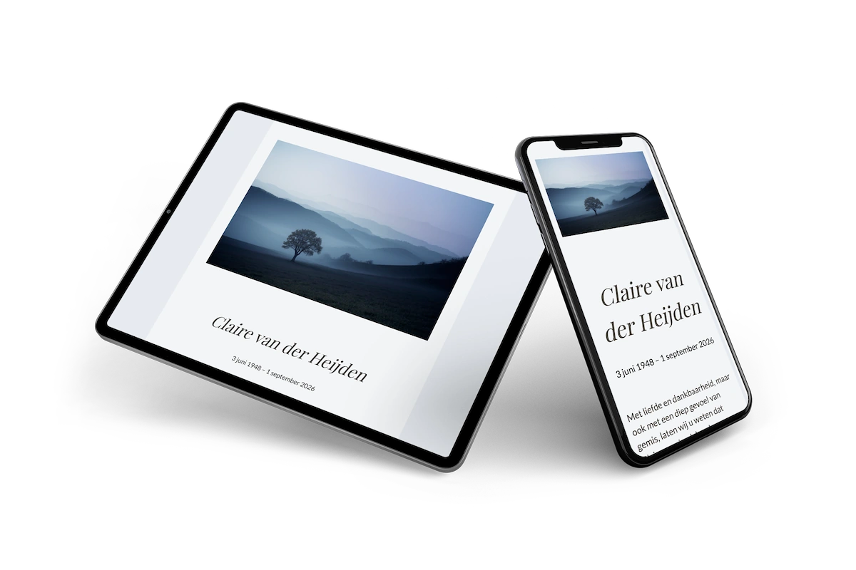 Voorbeeld van een online rouwkaart, getoond op tablet en telefoon